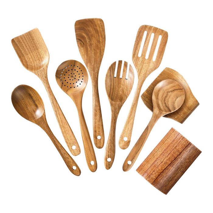 Wooden Kitchen Utensil Set Solid Spoon Fork for Mixing Stirring Serving 9 pieces