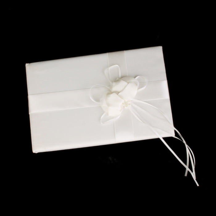 Wedding Elegant Ivory Guest Book with Satin Flower Faux Pearl Decoration