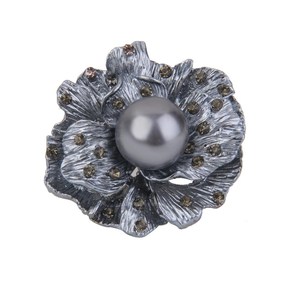 Crofta Women Brooches Rhinestone Flower Plated Scarf Buckle Ring Clip Jewelry Black