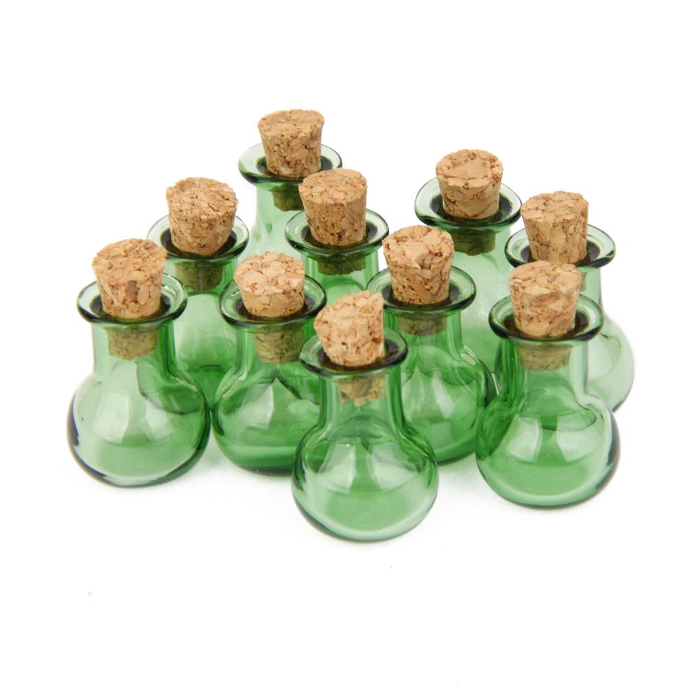 Crofta 10 Glass Cork Bottles Flat Base Jars Vial Wishing Bottle DIY Pendants Green