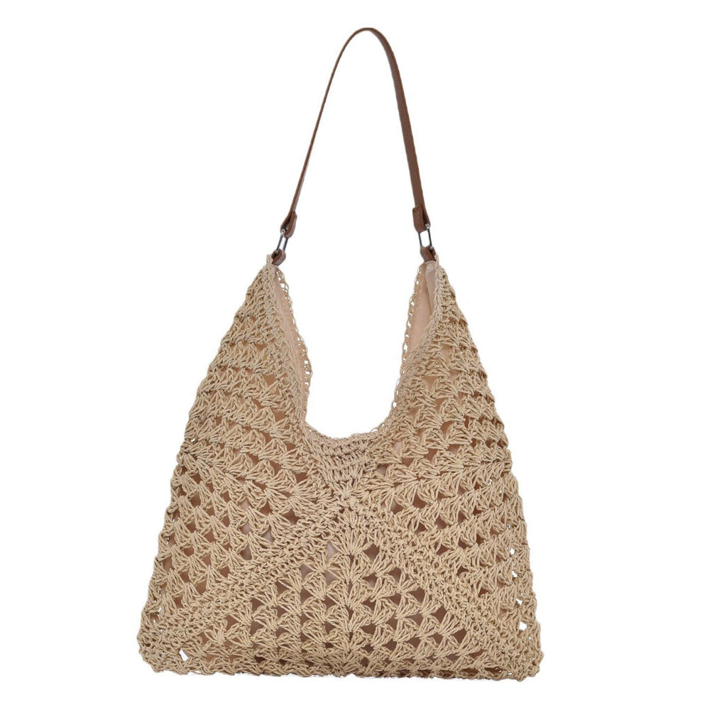 Woven Shoulder Bag Foldable Casual Summer Beach Tote for Beach Vacation Trip Beige