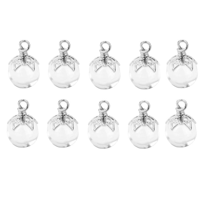 Crofta 10 Pieces Round Clear Glass Bottle Pendant Silver Flower Cap DIY Necklace Earrings Jewelry Making Findings Liquid Holder Crafts