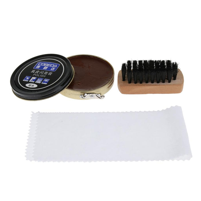 3 Pieces Leather Shoe Care Kit Polish Brush Shine Cream Buffing Cloth Brown