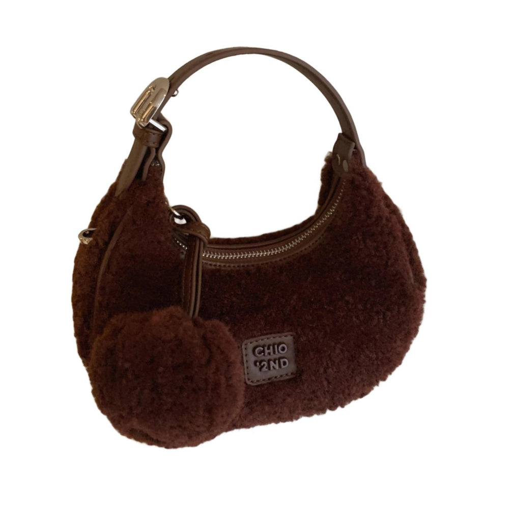 Crofta Plush Tote Bag for Women Crescent Bag Small Clutch Trendy Mini Crossbody Bag Brown