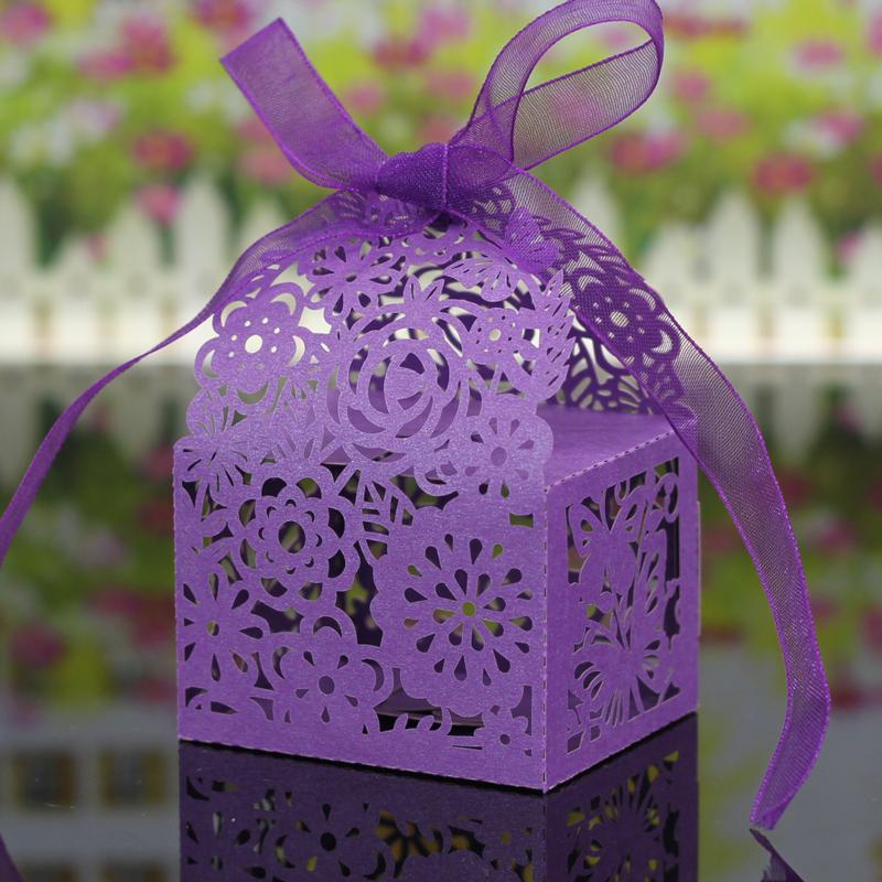 20Pcs Hollow Out Flowers Pattern Candy Gift Boxes Wedding decor Purple