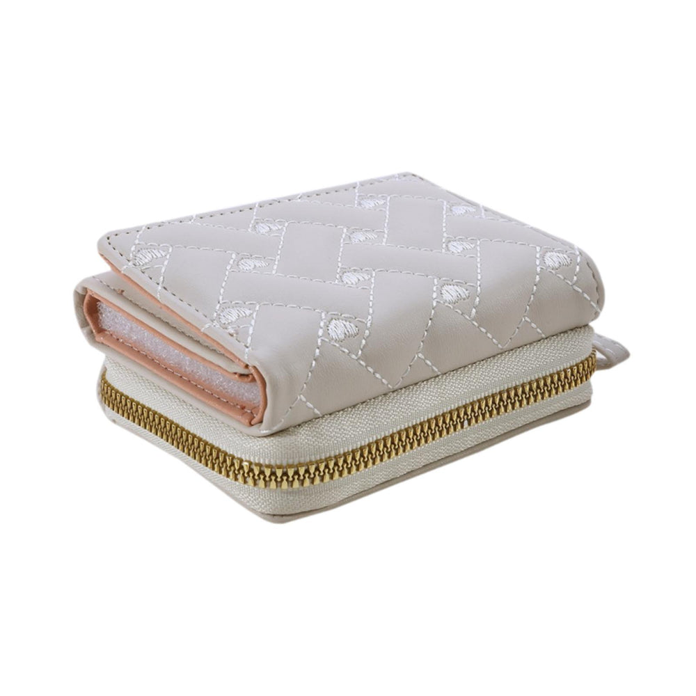 Small Wallet PU Leather Zipper Closure Heart Embroidered Trifold Card Wallet Beige