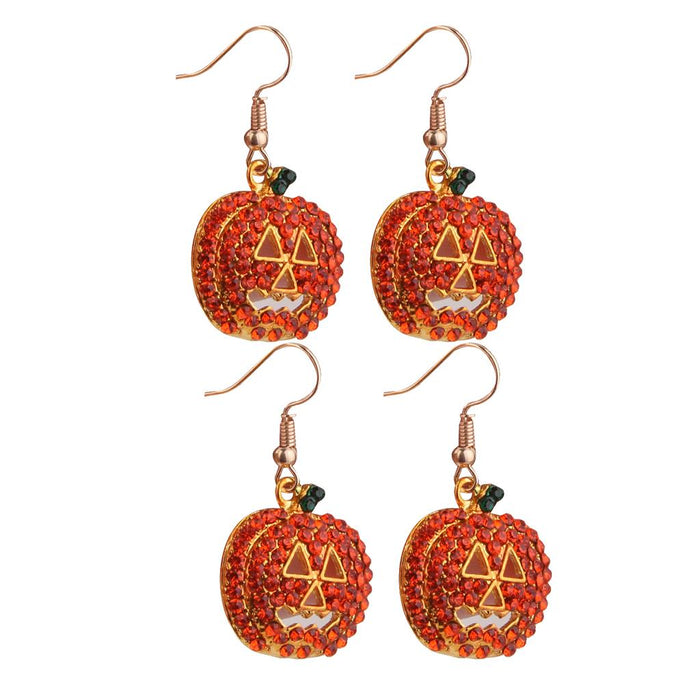 Crofta 2 Pairs/Pack Full Paved Crystal Rhinestone Halloween Pumpkin Shape Kawaii Fun Drop Dangle Earring Girls Women Jewelry Gift