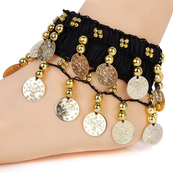 Crofta Womens Belly Dance Fashionable 24 Artificial Golden Coin Charms Anklet Bracelet Pack of 5PCS Black