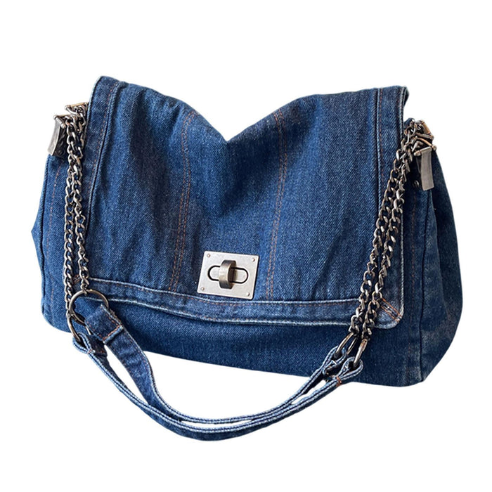 Crofta Women Denim Shoulder Bag Classical Handbag for Party Favors Outdoor Shopping Deep Blue