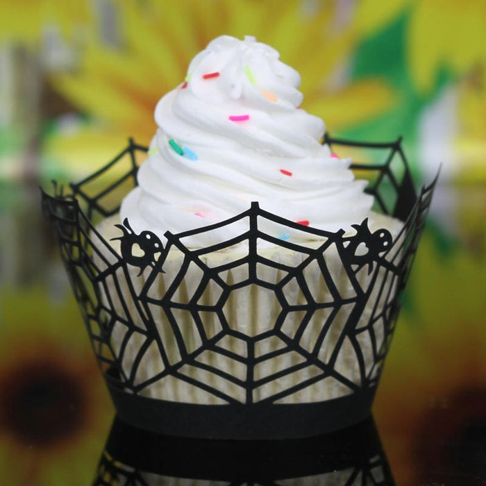 12x Spider Web Pattern Hollow Out Cake Paper Wrap Cupcake WrapperBlack