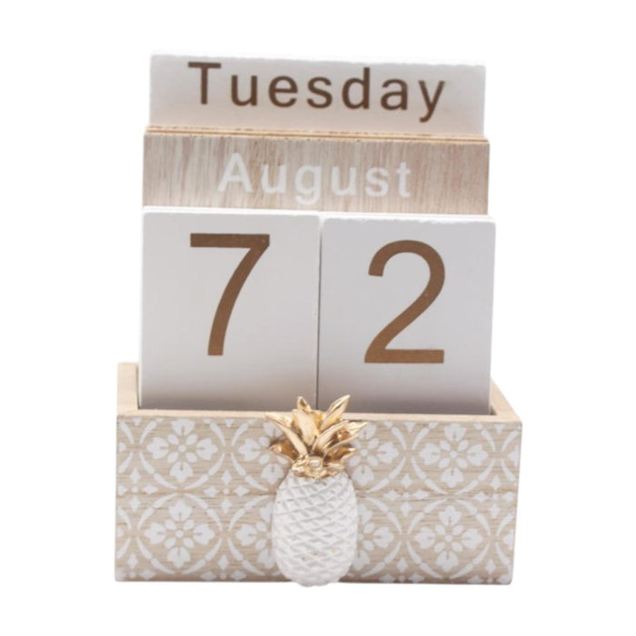 Crofta Wood Block Calendar Desk Office Living Room Birthday Gift Perpetual Calendar Pineapple