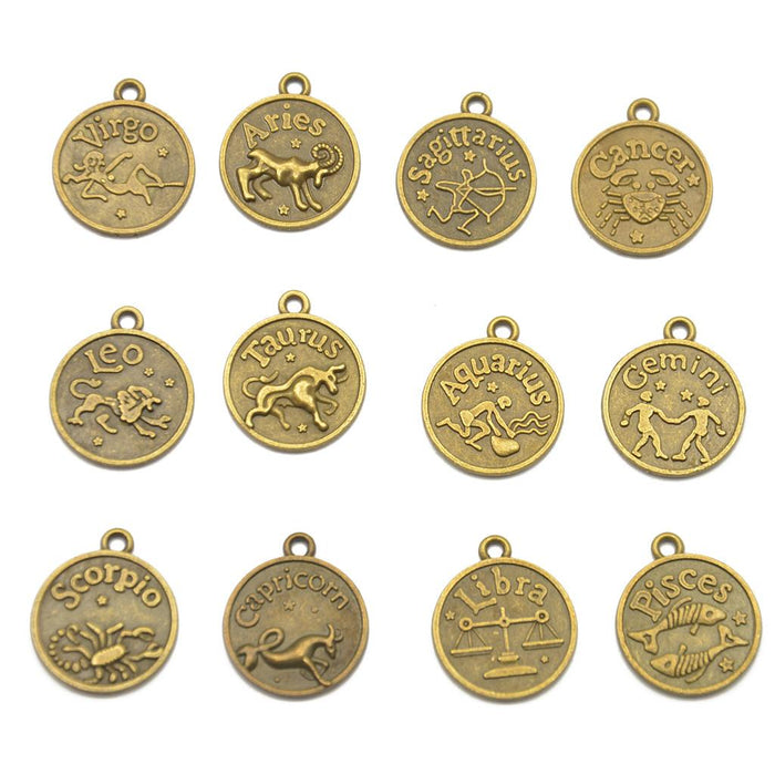 Crofta 12 pcs Antique Bronze Horoscope Zodiac Round Pendant Charm Jewelry Making