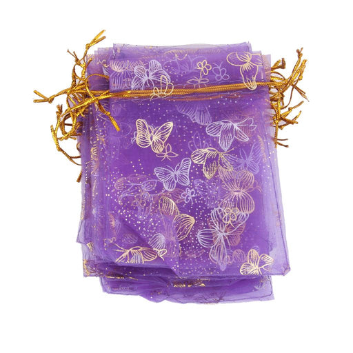 100pcs Golden Butterfly Purple Organza Bag Wedding Gift Bag 9x12cm