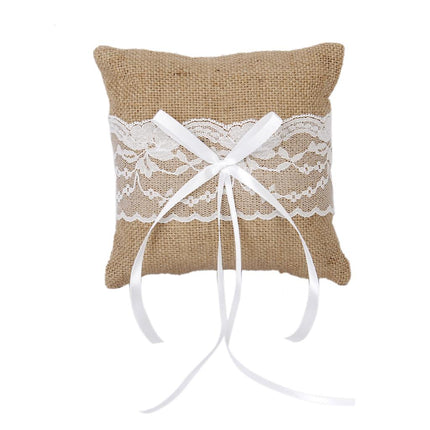 Crofta Vintage Burlap Jute Lace Pocket Ring Pillow Cushion Wedding Party Anniversary Supplies 15cmx15cm