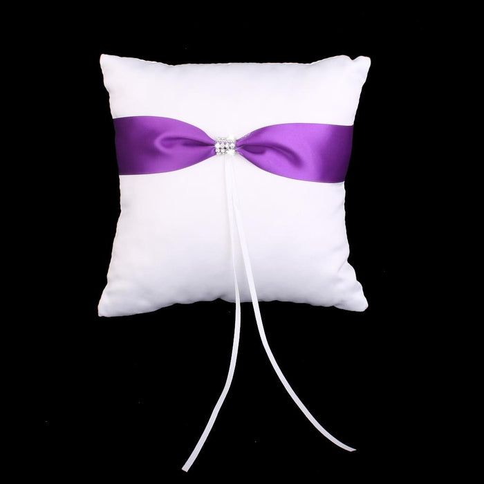 Wedding White Satin Ring Bearer Pillow Purple Ribbon & Diamante Decor