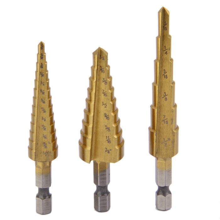 Crofta 3Pcs Steel Titanium Coated Step Drill Bit Quick-change 1/4" Hex Shank Hot