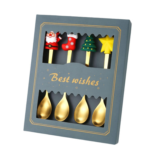 4 Pieces Christmas Spoons Set with Gift Box for Daily Use Restaurant Wedding Green Box