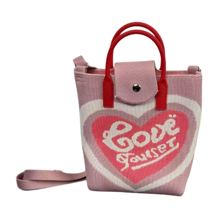 Crofta Women Knitted Phone Bag Cute Knit Bag Mini Handbag for Shopping Dating Party Pink Love Heart