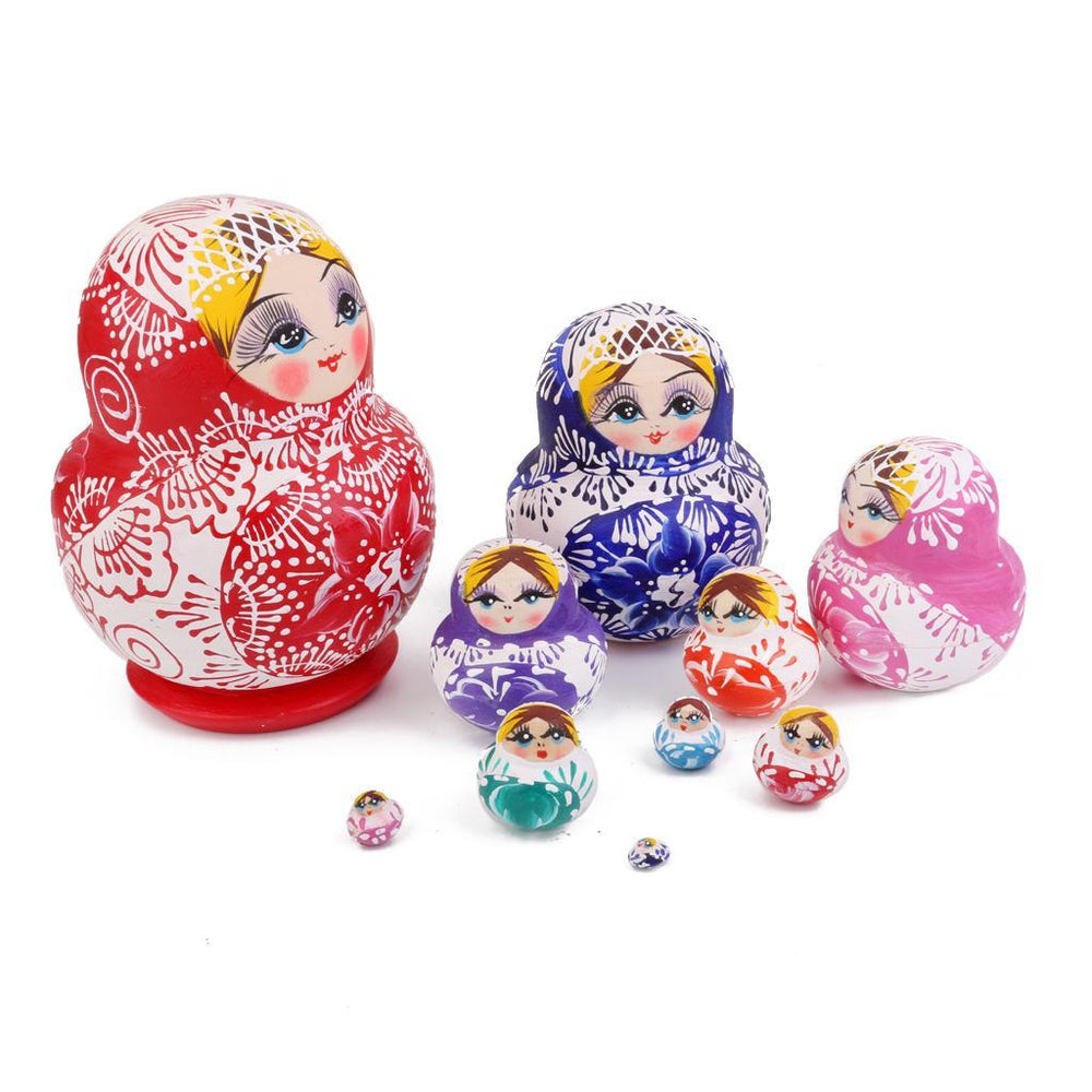 Crofta 10PCS Multi-Color Painted Wooden Girl Russian Nesting Dolls