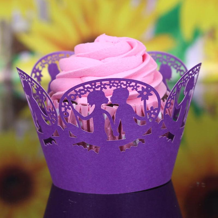 12Pcs Lover Pattern Hollow Out Cake Paper Wrap Cupcake Wrapper Decor Purple