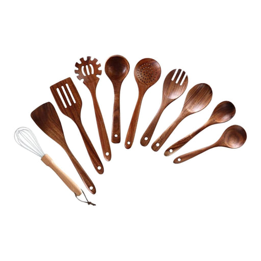 Wooden Kitchen Utensil Set Solid Spoon Fork for Mixing Stirring Serving 10 pieces