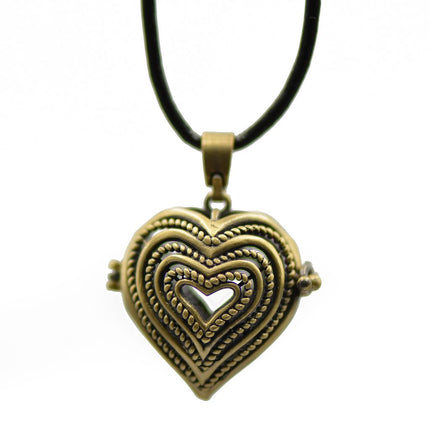 Crofta Vintage Bronze Copper Hollow Heart Locket Pendant Leather Necklace