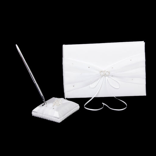 Crofta Double Heart Diamante Embellished Satin Wedding Guest Book Pen and Stand Set