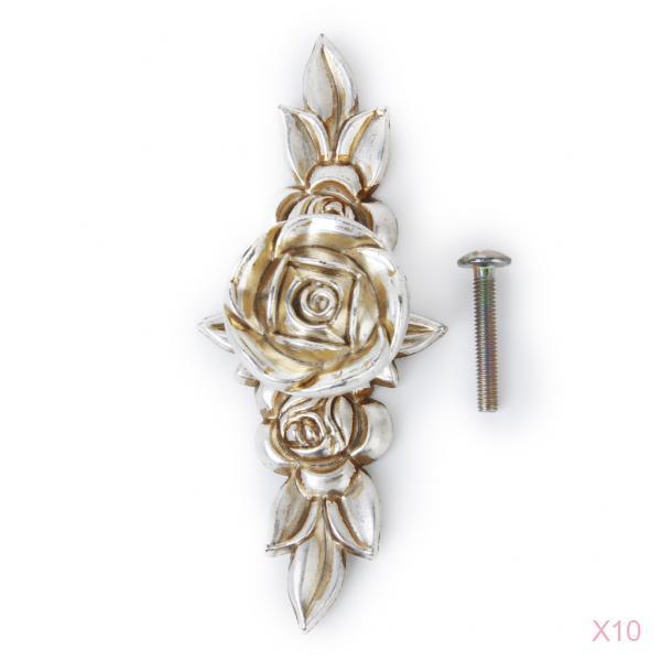 Crofta 10Pieces Retro Silver Rose Door Kitchen Drawer Cabinet Handle Pull Knob Home Improvement