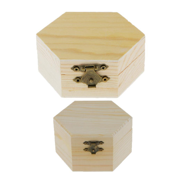 Crofta 2pcs Mixed Size Unpainted Hexagonal Wooden Jewelry Box Memory Chest Boxes