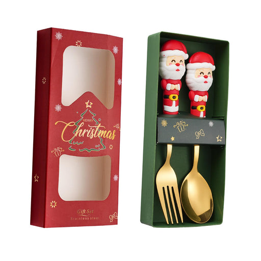 2Pcs Christmas Spoon and Fork Set Xmas Dessert Spoons for Iced Tea Ice Cream Santa Claus