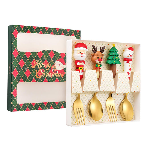 4 Pieces Christmas Fork Spoon Set Tea Party Cutlery for Salad Dessert Drinks gold color green box