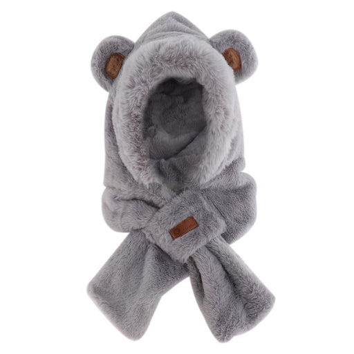 Womens Hoodie Scarf Hooded Hat Neck Warmer 2 in 1 Bear Ear Hat New Year Gift Gray