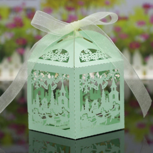 20Pcs Christmas Scene Hollow Out Candy Gift Boxes with Ribbons Decor Green