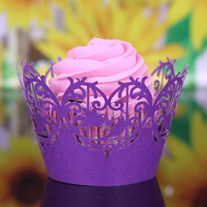 12Pcs Love Birds Pattern Hollow Out Cake Paper Wrap Cupcake Wrapper Purple