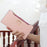 Crofta Womens Bowknot Long Zip Clutch PU Leather Wallet Purse Coin Card Light Pink