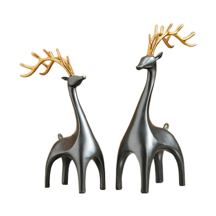 Crofta 1 Pair Elk Deer Statues Figurines for Bedroom Handicraft Tabletop Decoration Grey