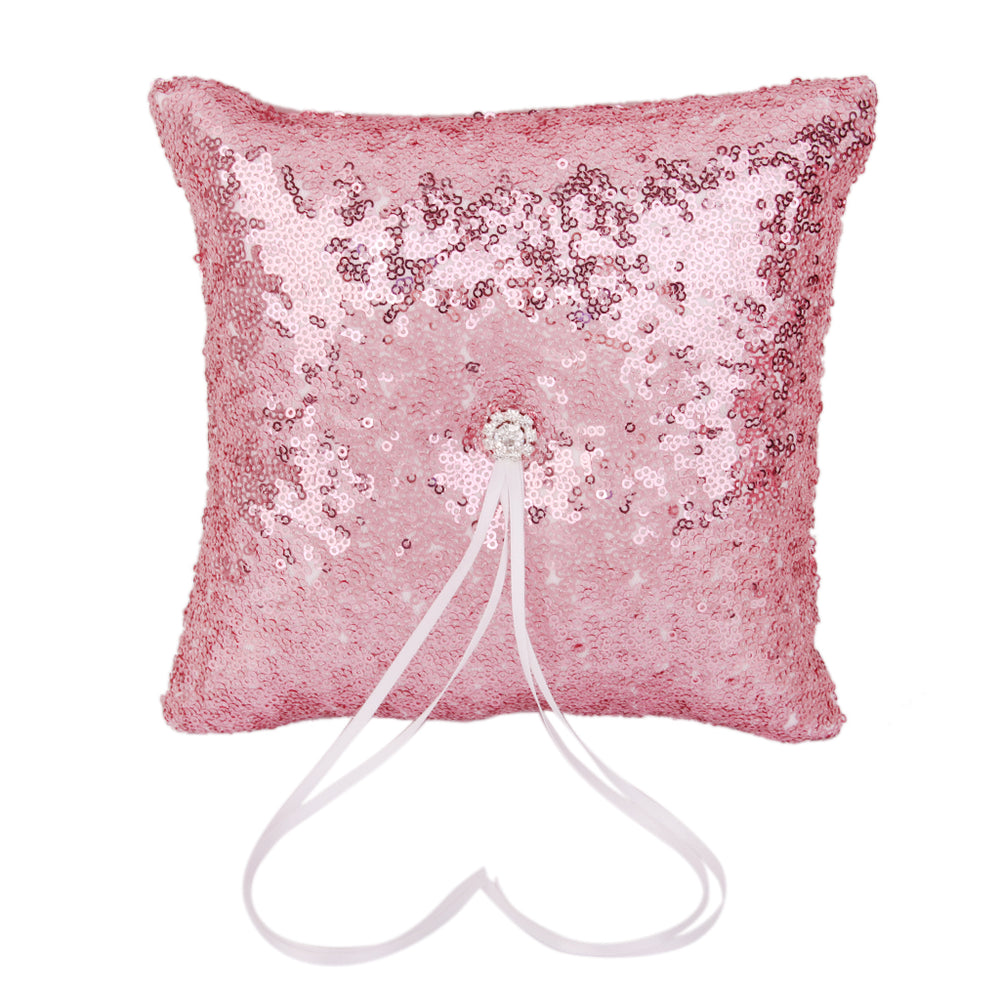 20cm Square Wedding Ring Bearer's Pillow Sequins Cushion for Party Pink