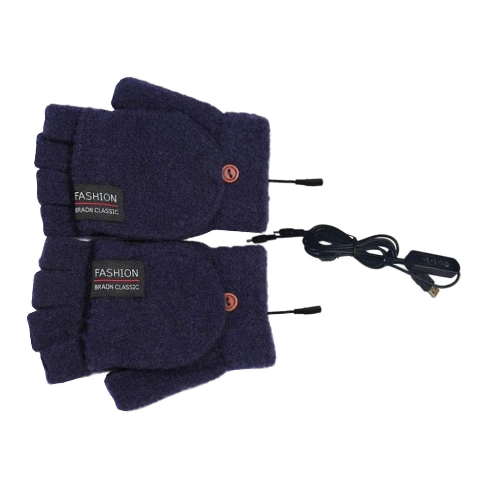 Winter USB Heating Half Finger Gloves Mitten Knitting with Cover Dark Blue