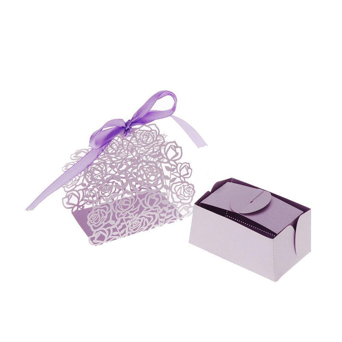 25pcs Purple Rose Design Candy Gift Box with Ribbon Wedding Favor Decoration