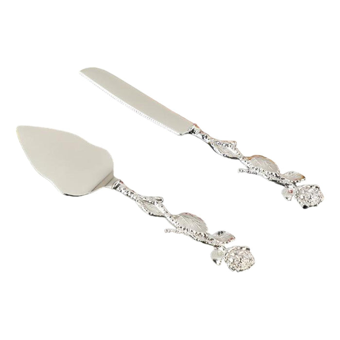 Wedding Cake Knives Server Set Elegant Rose Handle Cake Cutting Set for Gifts silvery