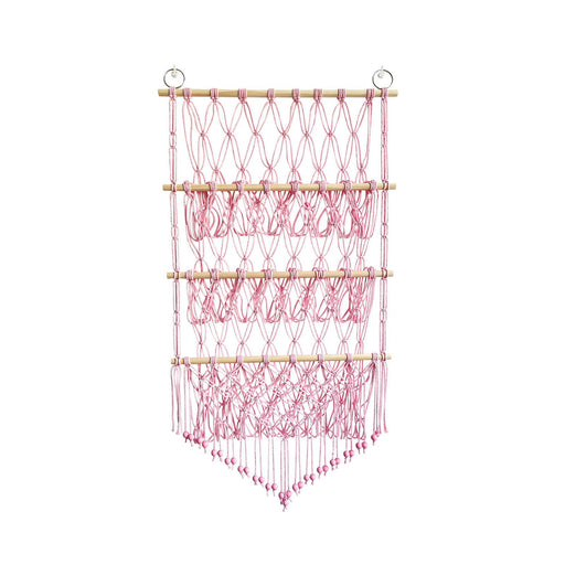 Wall Mounted Macrame Toy Organizer Storage Mesh Holder for Bedroom Kids Room Pink