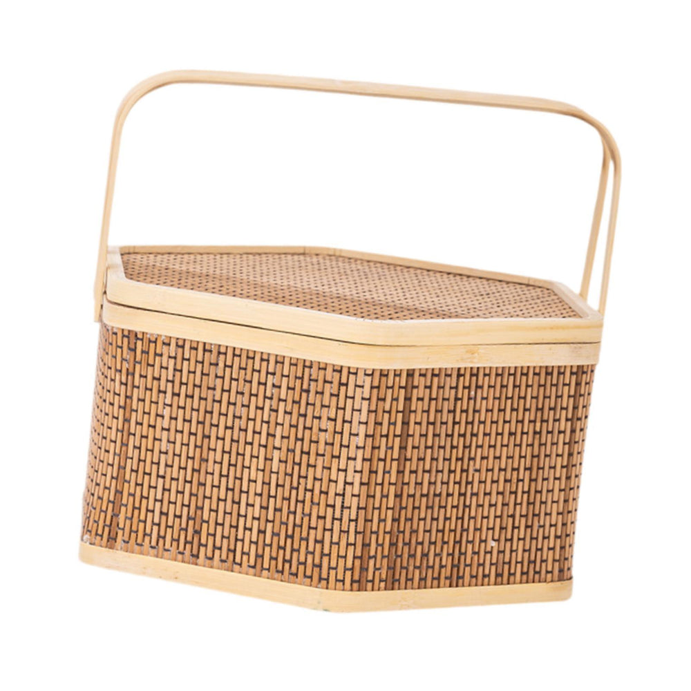 Crofta Woven Bamboo Basket with Top Handle Bamboo Woven Basket for Tea Picnic Bread