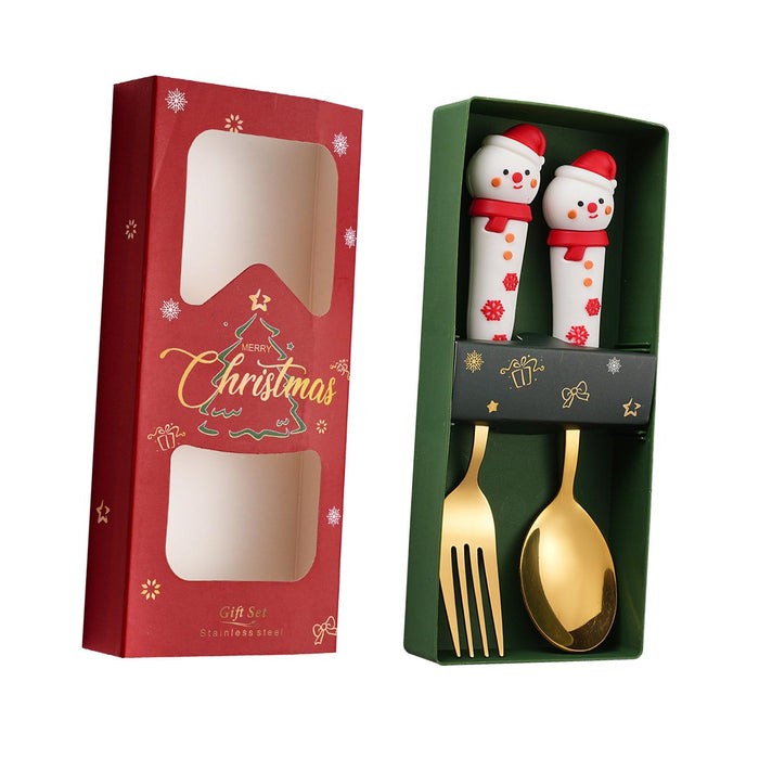 2Pcs Christmas Spoon and Fork Set Xmas Dessert Spoons for Iced Tea Ice Cream Snowman