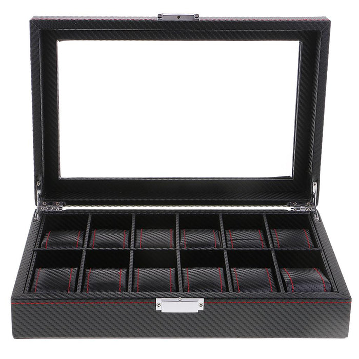 Crofta 12 Slots PU Leather Watch Display Case Glass Top Locking Storage Organizer