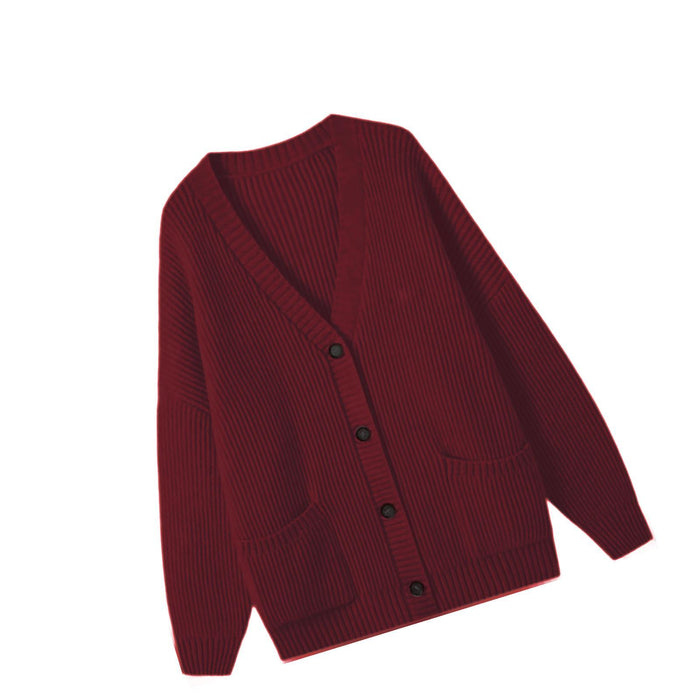 Crofta Women's Cardigan Sweater with Pockets Fall Clothes Loose V Neck with Buttons Red