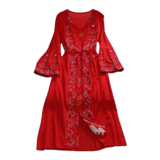 Crofta Women Dress Embroidered Floral Casual Beach Dress for Street Daily Festivals Red