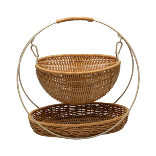 Crofta Woven Storage Basket Rustic with Top Handle 2-tier Tray for Home Snack Beach brown large