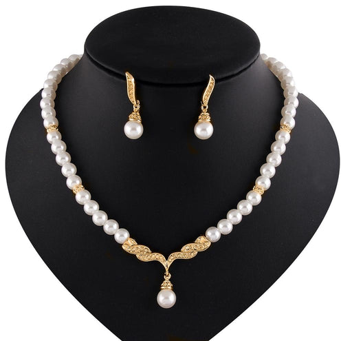 Crofta Women Elegant  Rhinestone Diamante Pearls Necklace Earring Set Wedding Birthday Party Supplies