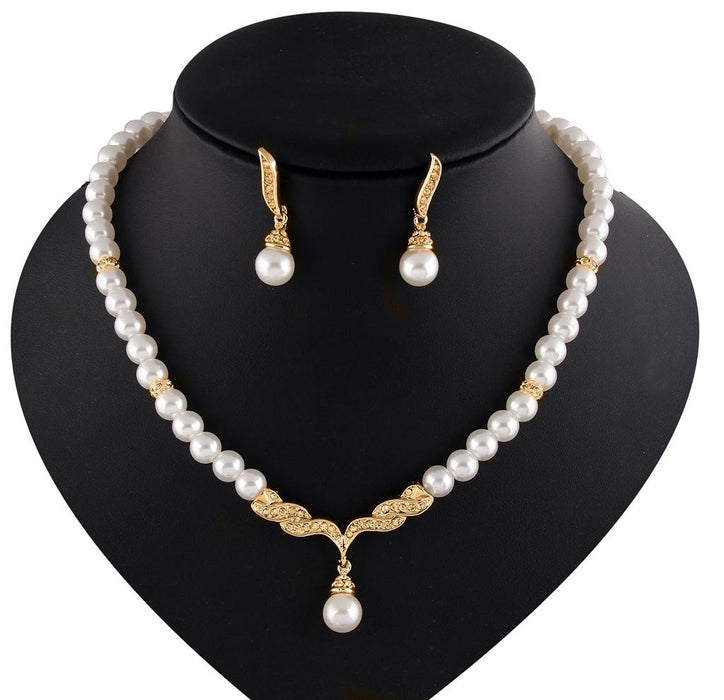 Crofta Women Elegant  Rhinestone Diamante Pearls Necklace Earring Set Wedding Birthday Party Supplies