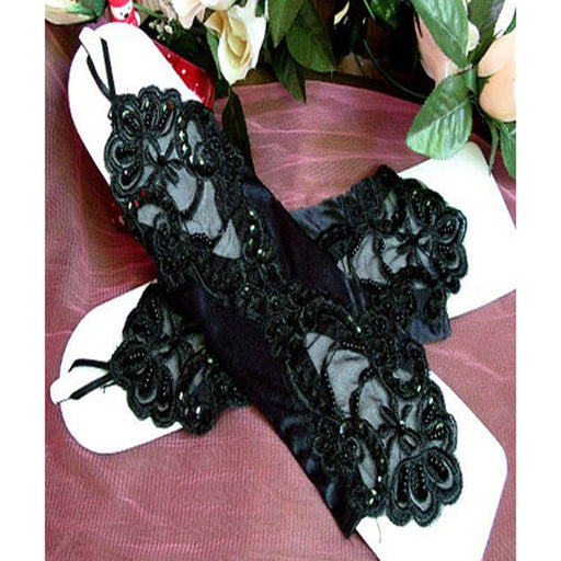 Crofta Women's Black Short Lace Decorated Wedding Party Gloves Protect